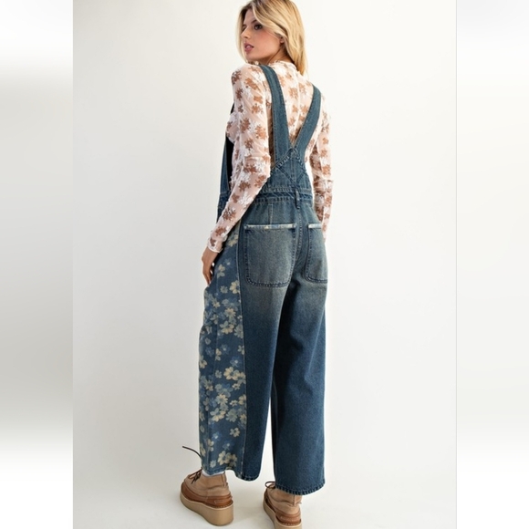 Easel Washed Denim Floral Flower Overalls Jumpsuit New - Picture 5 of 6